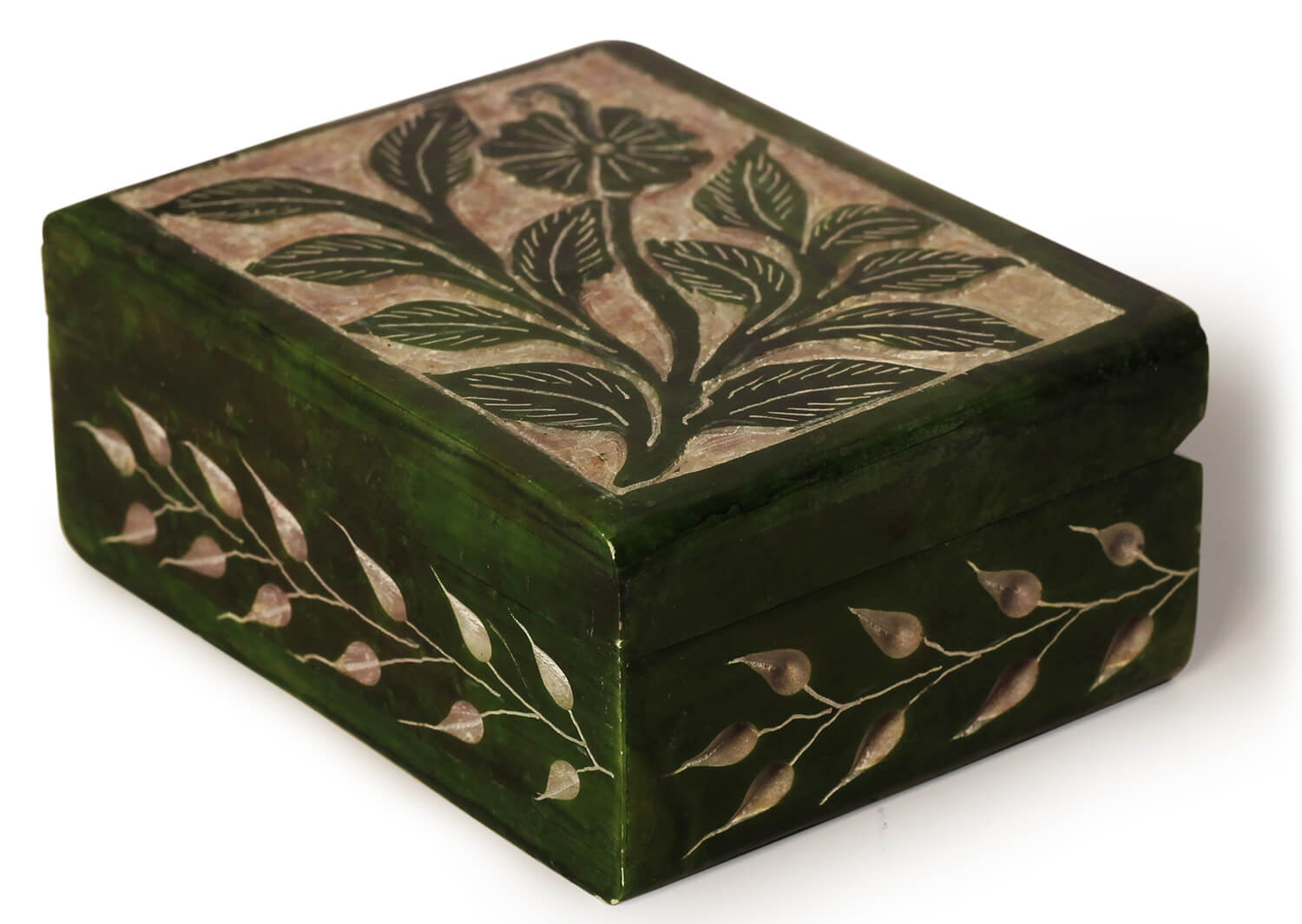 ArtistryBazaar Marble Jewelry Box Organizer - Decorative Trinket Box - Soapstone Hand carved leaf Design - Keepsake Box Anniversary Housewarming Gifts For Women